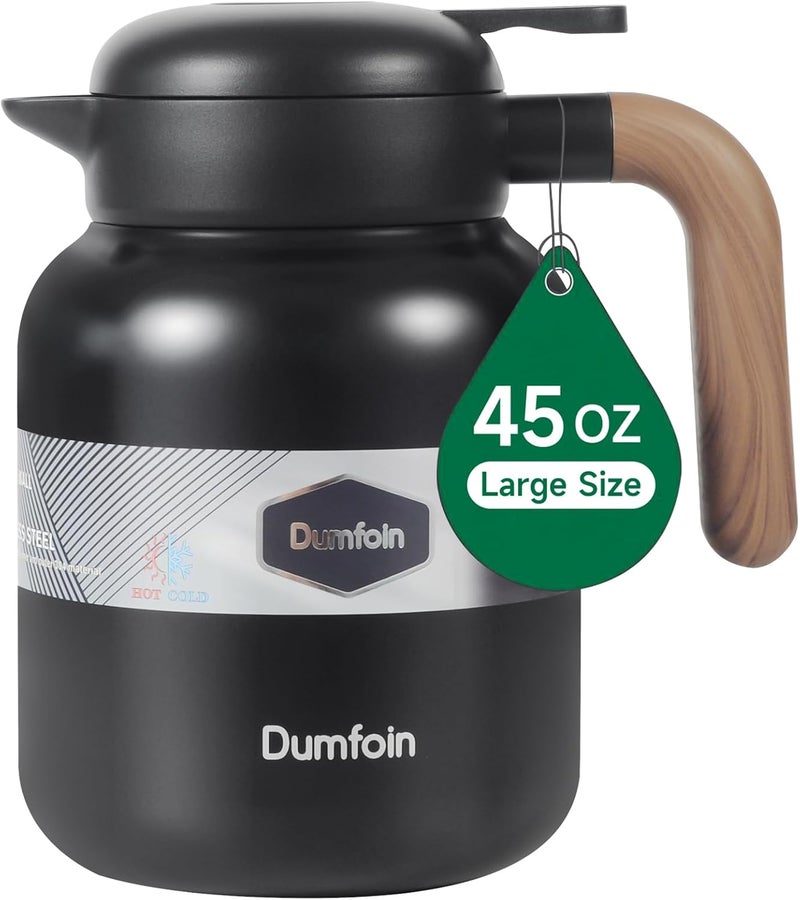 Dumfoin إبريق قهوة حراري سعة 45 أونصة، إباريق قهوة معزولة من الفولاذ المقاوم للصدأ للحفاظ على الحرارة، موزع مشروبات سعة 1.3 لتر (أسود) - Image 1